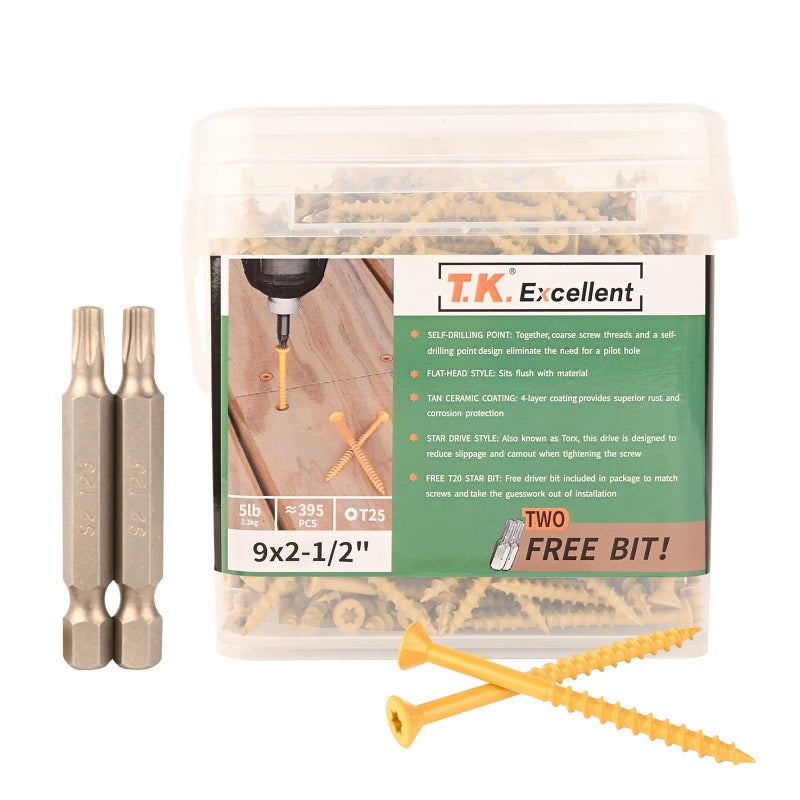 T.K.Excellent Deck Screws 2 Inch Wood Screws #8 x 2, 630 Pcs, Rust Resistant Structural Screw Fence Screw Torx Drive Screws, Two T20 Bits, Brilliant Yellow Ruspert Coating Rust Proof, 5lb Box - Image 1